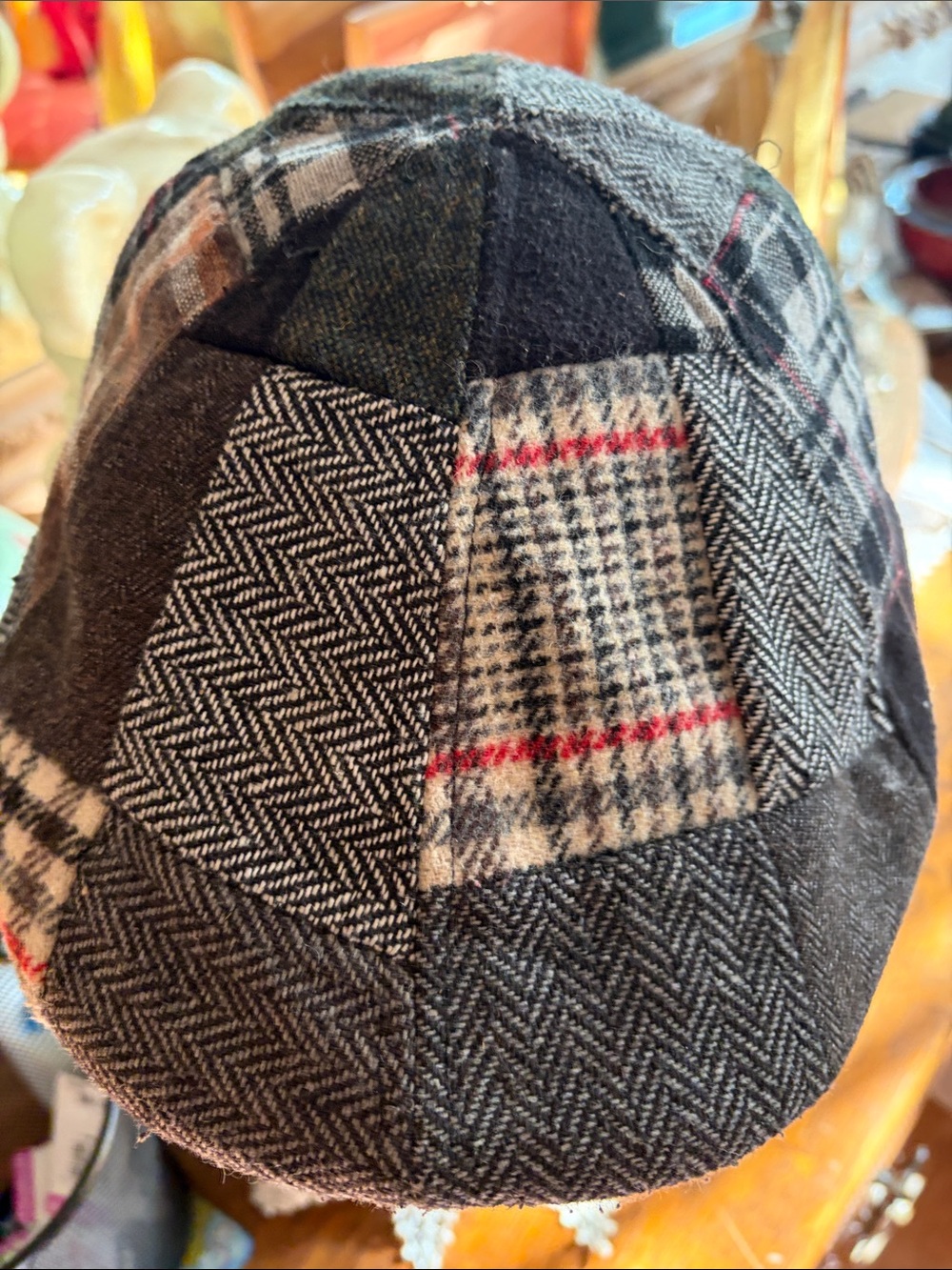 Men's Patchwork Wool Newsboy Cap in Black, Gray and Red